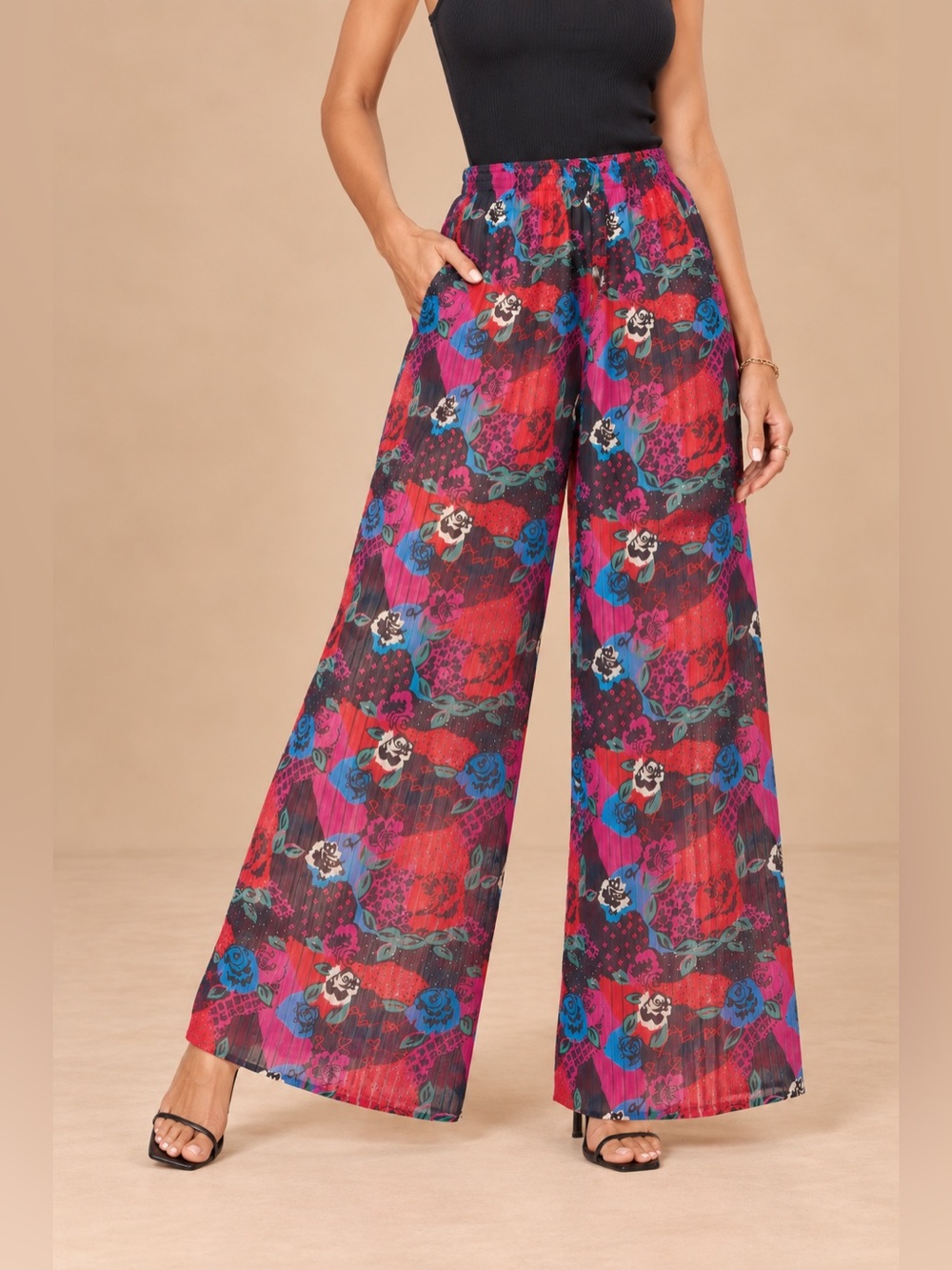 Diane Freis Vintage Georgette Boho Floral Wide Leg Palazzo Pants Size M Matching